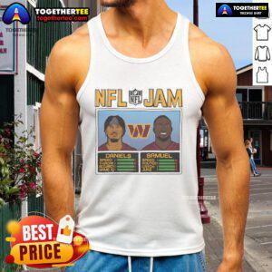 Alt Text: Official NFL Jam Commanders tank top featuring Daniels and Samuel, perfect for fans of Washington football.
