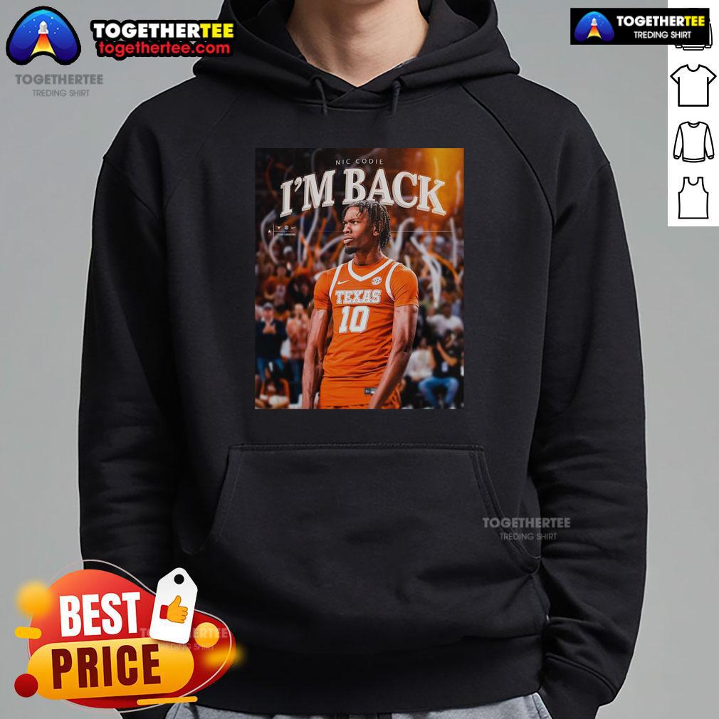Official Nic Codie Texas Longhorns I'm Back Hoodie in burnt orange, perfect for fans and game day wear.