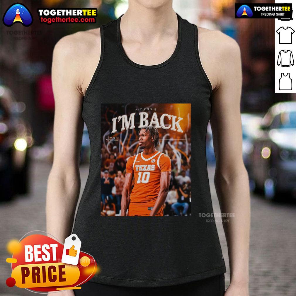 Official Nic Codie Texas Longhorns I'm Back tank top featuring bold team colors and logo, perfect for fans.