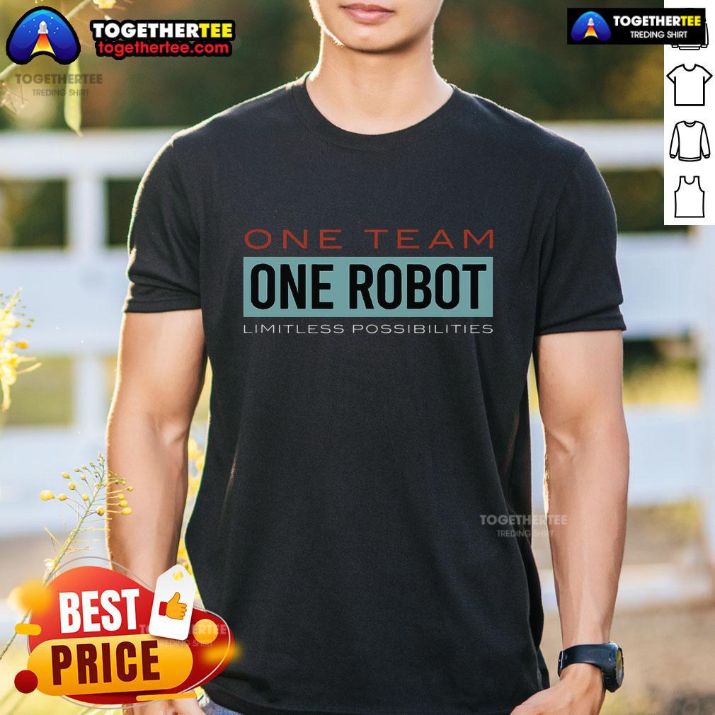 Alt Text: Official One Team One Robot Limitless Possibilities T-Shirt featuring a vibrant design and inspiring message for robotics enthusiasts.