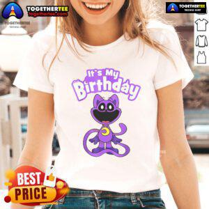 Official Poppy Playtime Catnap It's My Birthday Ladies Tee featuring vibrant graphics for fans of the popular game.