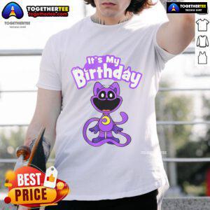 Alt Text: Official Poppy Playtime Catnap It's My Birthday T-Shirt featuring colorful graphics and playful design for fans.