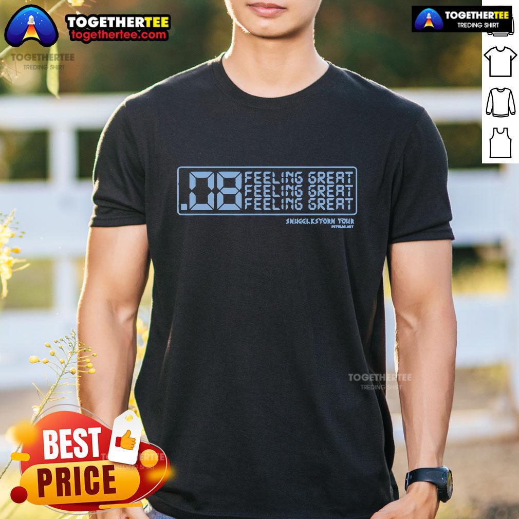Alt Text: Official Snugglestorm .08 Feeling Great Tour 2024 T-Shirt featuring vibrant graphics and comfortable fit for fans.