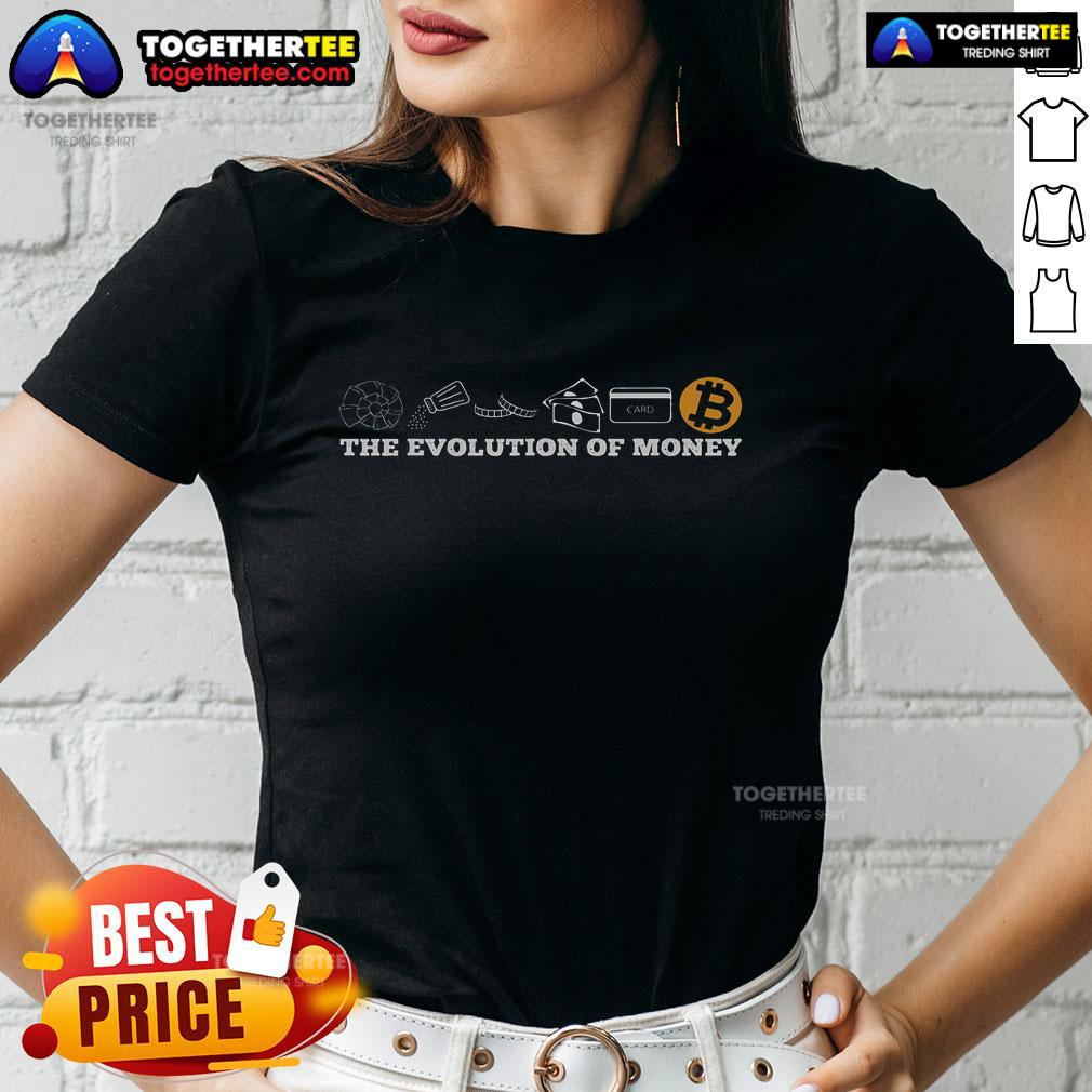 Official Evolution of Money Bitcoin BTC Crypto Ladies Tee showcasing modern cryptocurrency design and style.