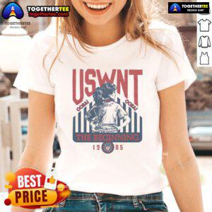 Official USWNT The Beginning 1985 Ladies Tee featuring vintage design and vibrant colors celebrating women's soccer history.