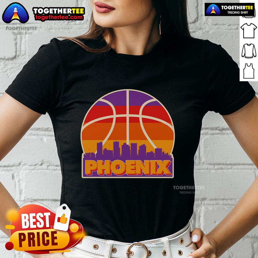 Vintage Phoenix Basketball Skyline Logo on a stylish ladies tee for fans and sports enthusiasts.