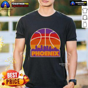 Official Vintage Phoenix Basketball Skyline Logo T-Shirt featuring a retro design and vibrant city skyline graphics.