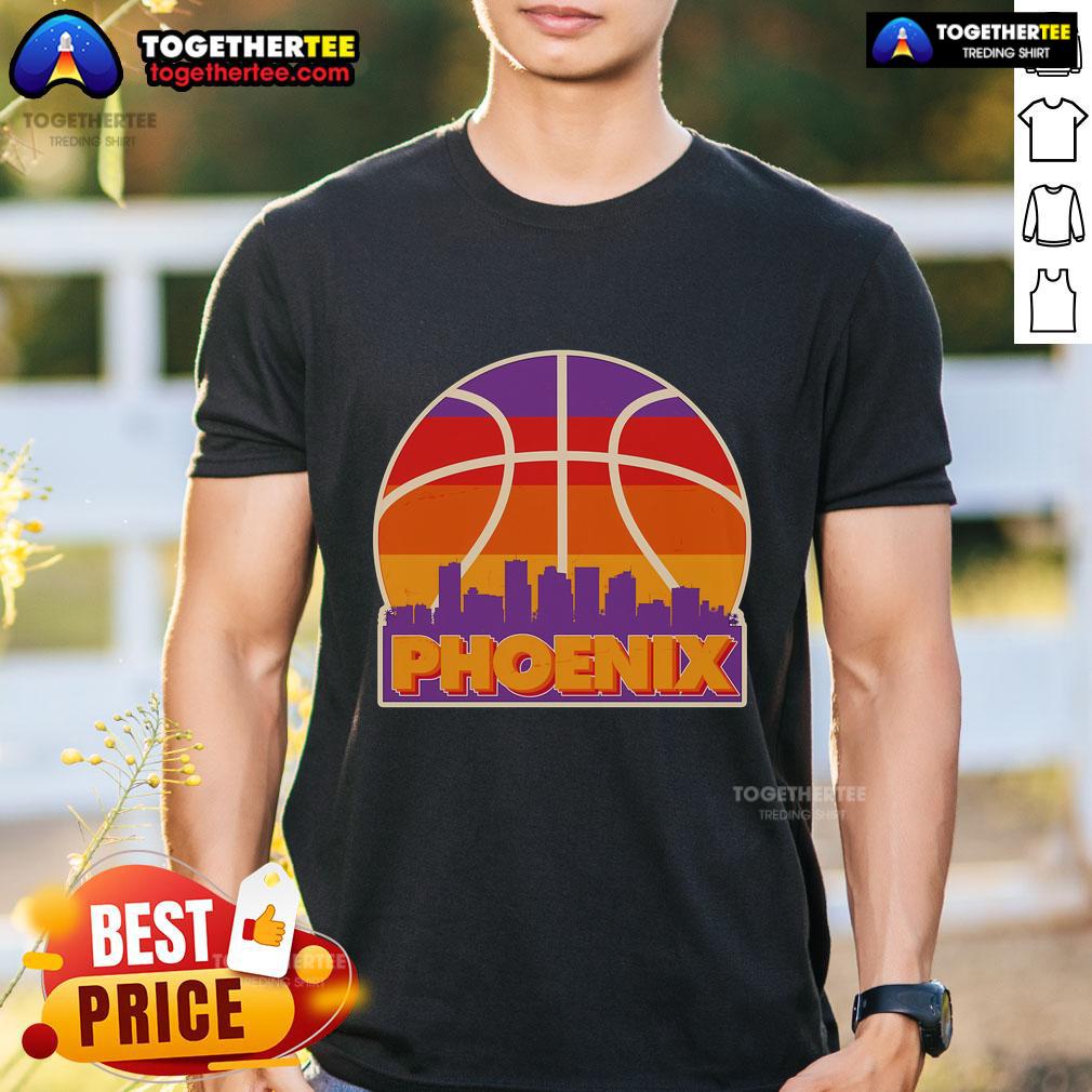 Official Vintage Phoenix Basketball Skyline Logo T-Shirt featuring a retro design and vibrant city skyline graphics.