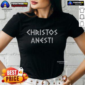 Original Christos Anesti Tsougrisma Red Egg Orthodox Ladies Tee featuring vibrant red egg design for Easter celebrations.