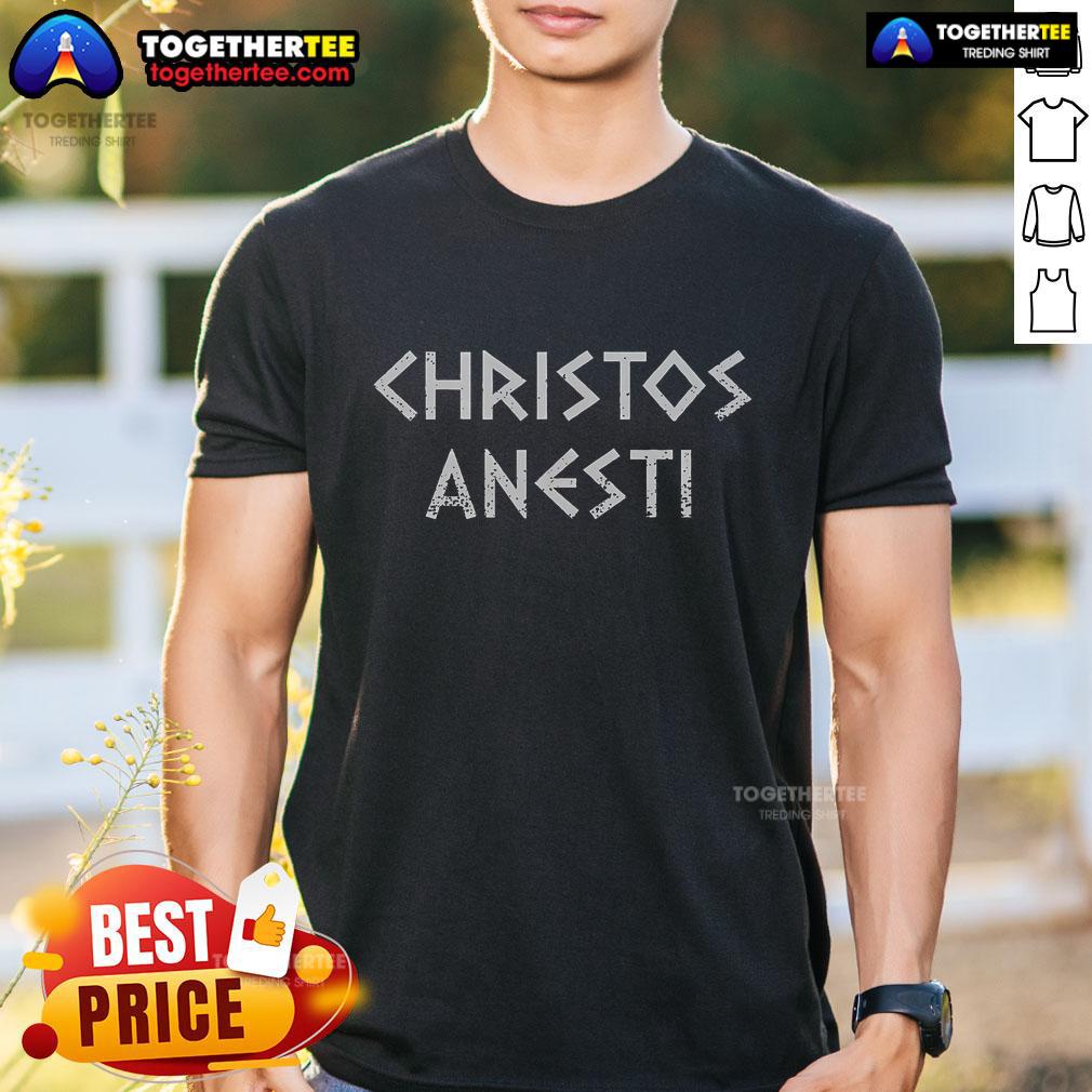 Alt Text: Original Christos Anesti Tsougrisma Red Egg Orthodox T-Shirt featuring a vibrant red egg design for Easter celebrations.