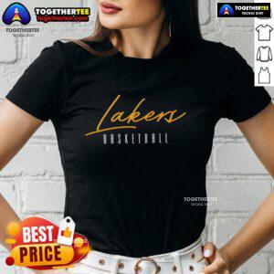 Alt Text: Premium Los Angeles Lakers basketball training day ladies tee showcasing vibrant team colors and stylish design.