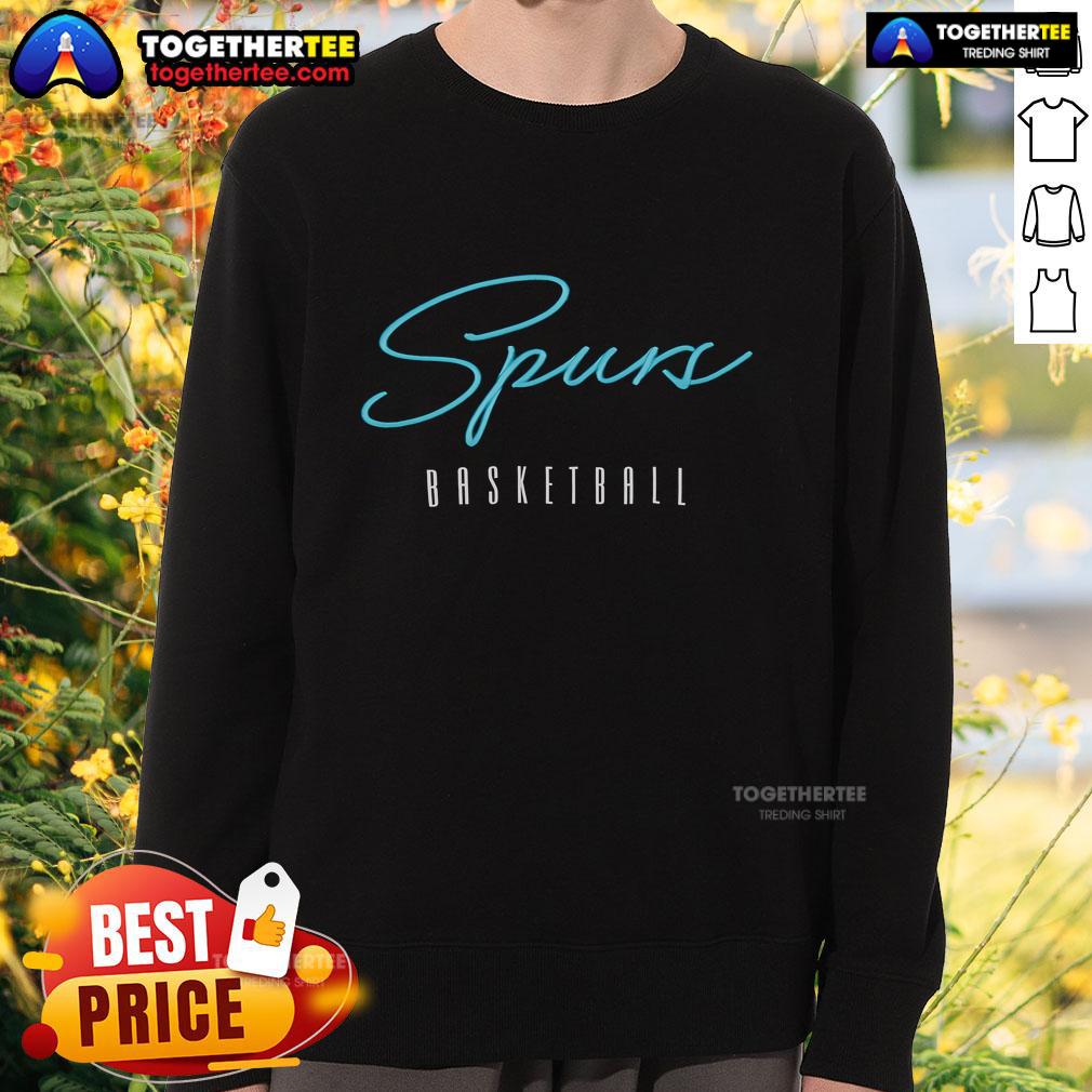 Alt Text: Premium San Antonio Spurs basketball training day sweatshirt displayed on a hanger, showcasing team colors and logo.