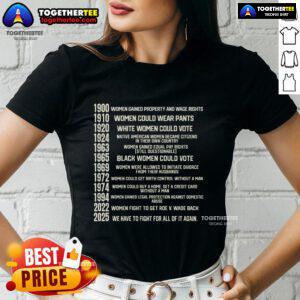 Premium women's right achievement list on a feminist ladies tee, celebrating women's empowerment and equality.