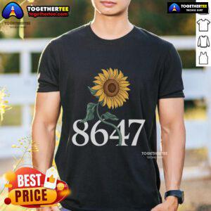 Alt Text: Pretty 8647 Sun Flower 86 47 floral t-shirt design featuring vibrant sunflower graphics on soft fabric.