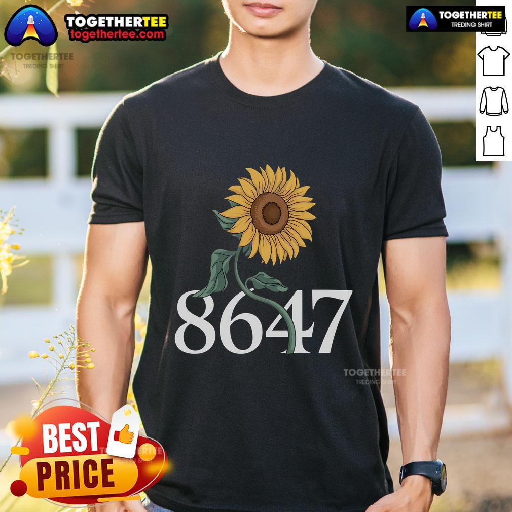 Alt Text: Pretty 8647 Sun Flower 86 47 floral t-shirt design featuring vibrant sunflower graphics on soft fabric.