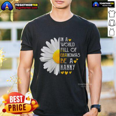 Pretty In A World Full Of Grandmas Be A Nanny T-Shirt featuring a fun, colorful graphic design for proud nannies.