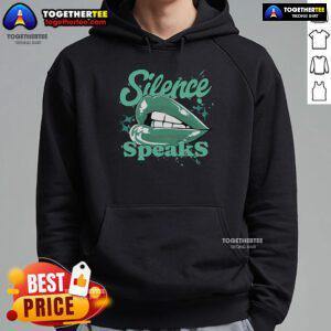 Alt Text: Pretty Silence Speaks retro green glow matching hoodie displayed on a mannequin against a minimalist background.