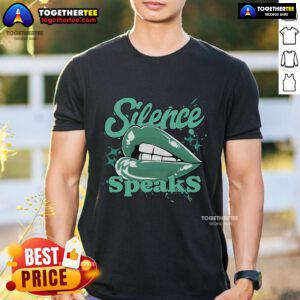 Retro green glow t-shirt featuring 'Pretty Silence Speaks' design, perfect for stylish casual wear.