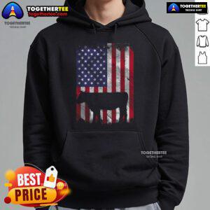 Vintage farm hoodie featuring a patriotic cow with an American flag, perfect for farmers and Americana enthusiasts.