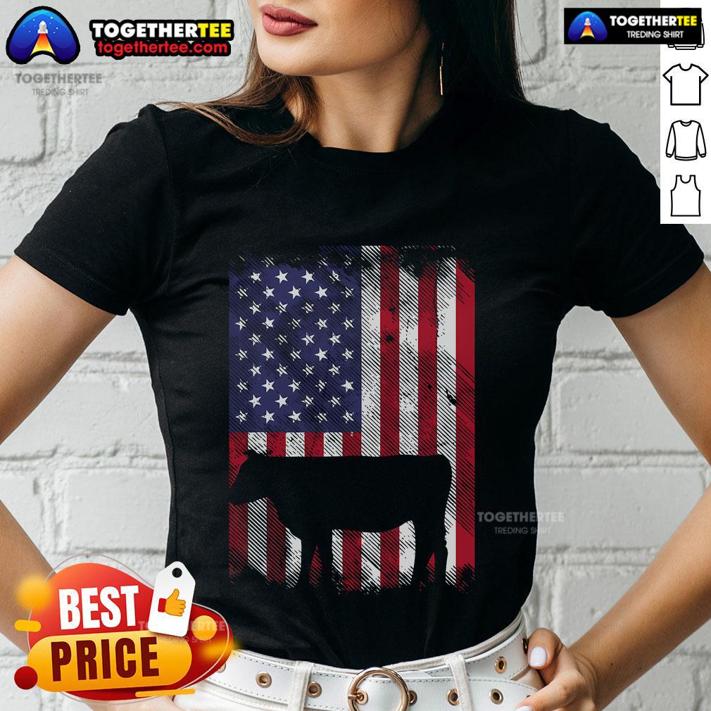 Vintage farm animal tee featuring a patriotic American flag cow for ladies, perfect for farmers and Americana lovers.