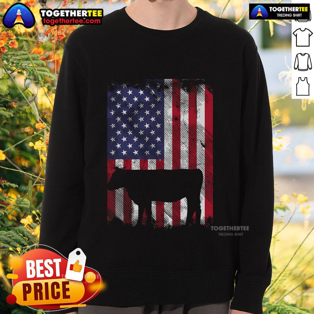 Vintage farm animal sweatshirt featuring a top American flag cow design, perfect for patriotic farmers.