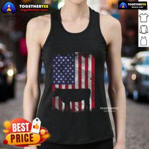Vintage farm animal tank top featuring a patriotic American flag cow design for farmers and country lovers.