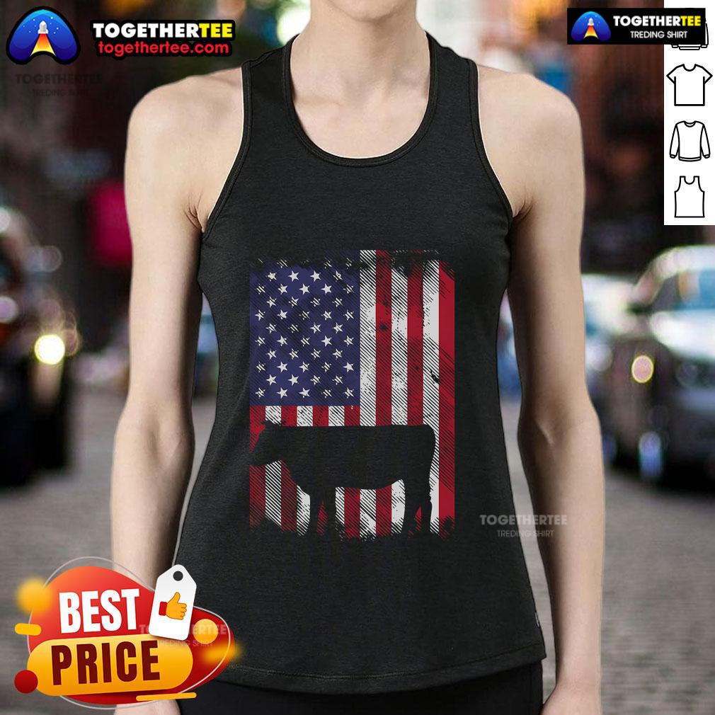 Vintage farm animal tank top featuring a patriotic American flag cow design for farmers and country lovers.