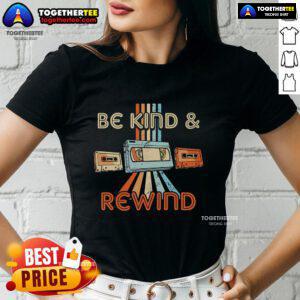 Alt Text: Vintage 90s 'Be Kind, Rewind' tee for ladies, showcasing nostalgic 80s throwback style and retro design elements.