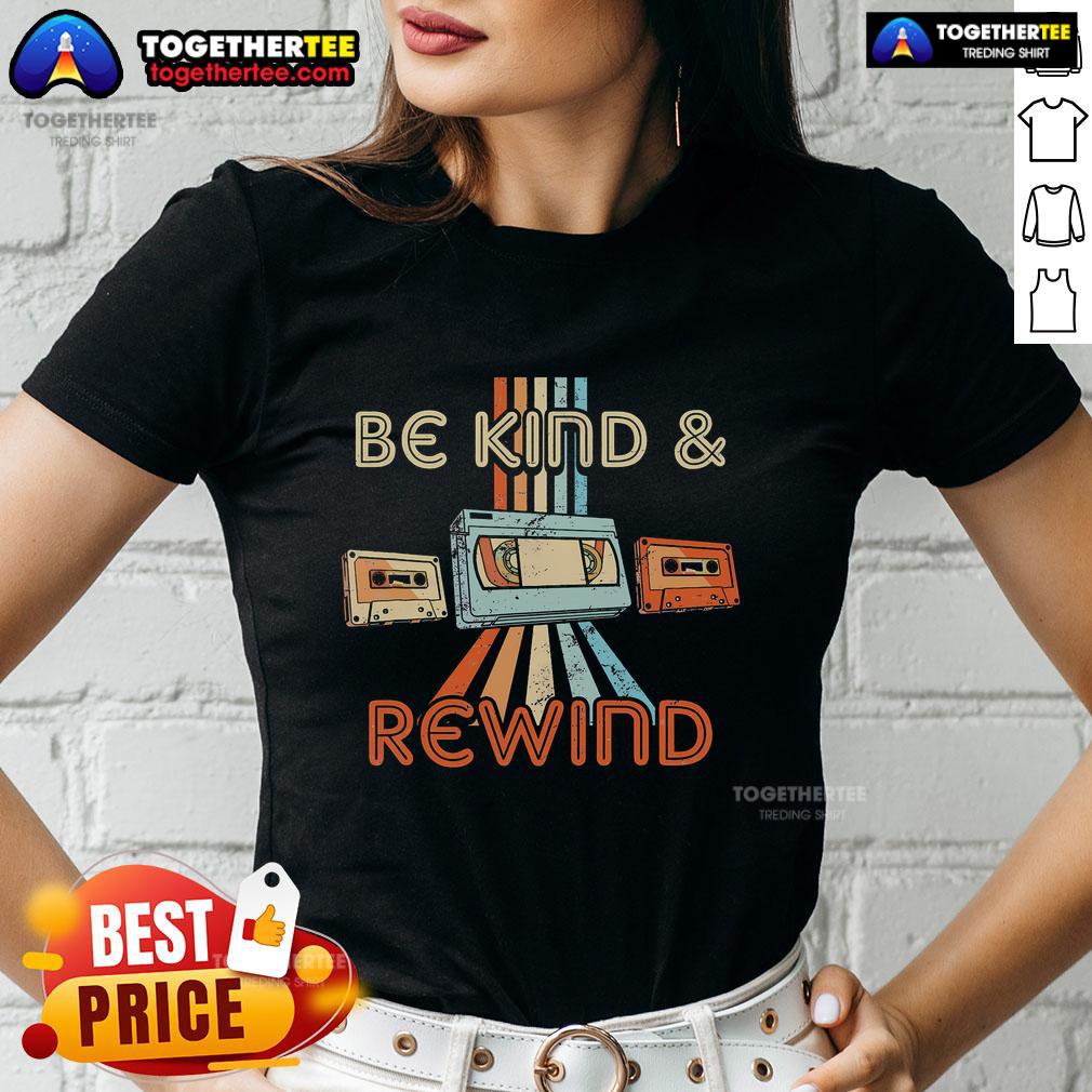 Alt Text: Vintage 90s 'Be Kind, Rewind' tee for ladies, showcasing nostalgic 80s throwback style and retro design elements.