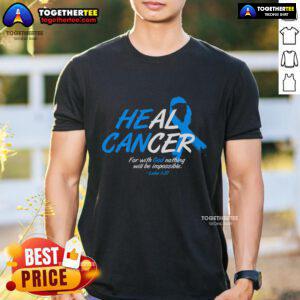 Blue ribbon T-shirt with 'He Can Heal Cancer' slogan for cancer awareness, promoting hope and support in the fight against cancer.