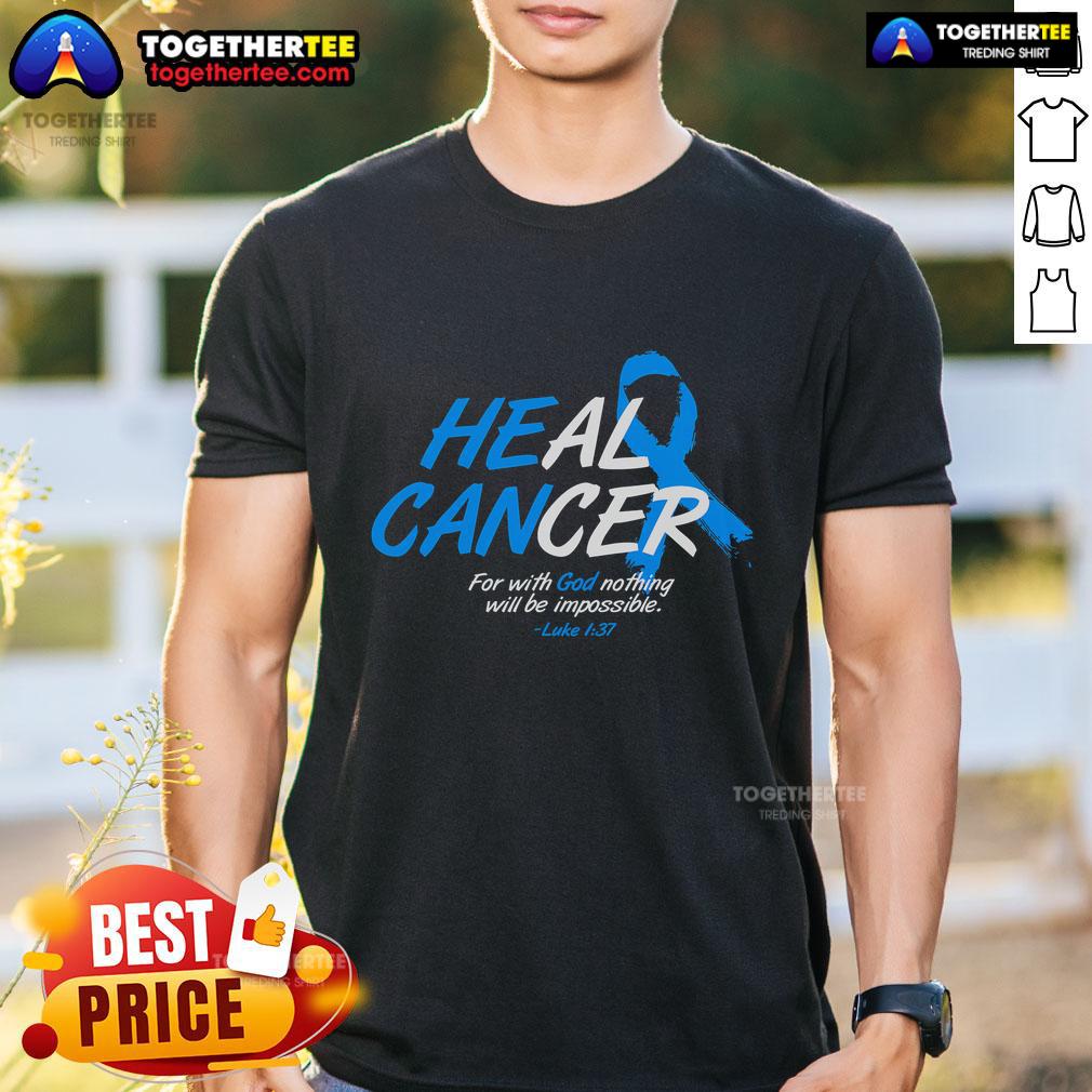 Blue ribbon T-shirt with 'He Can Heal Cancer' slogan for cancer awareness, promoting hope and support in the fight against cancer.