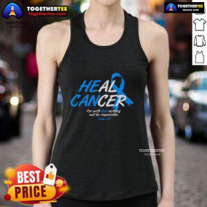 Top He Can Heal Cancer tank top featuring a blue ribbon for cancer awareness, promoting hope and support for patients.