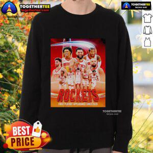 Alt Text: Top Houston Rockets First Playoff Appearance Since 2020 poster sweatshirt featuring team colors and logo.