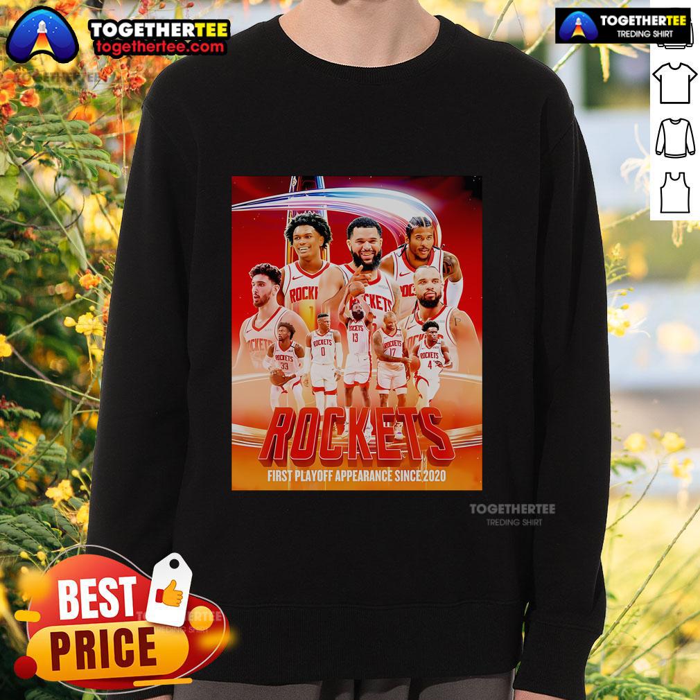 Alt Text: Top Houston Rockets First Playoff Appearance Since 2020 poster sweatshirt featuring team colors and logo.