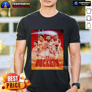 Top Houston Rockets First Playoff Appearance Since 2020 Poster T-Shirt featuring bold graphics and team colors.