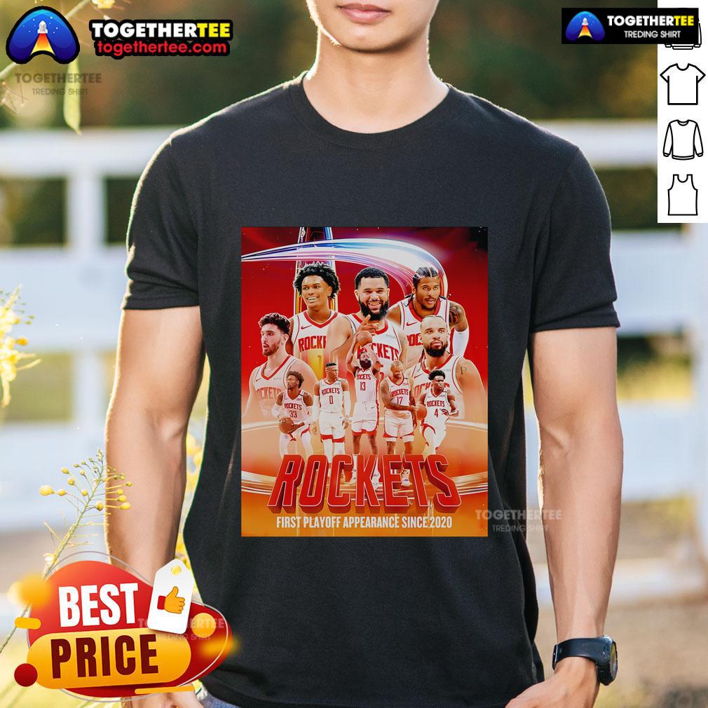 Top Houston Rockets First Playoff Appearance Since 2020 Poster T-Shirt featuring bold graphics and team colors.