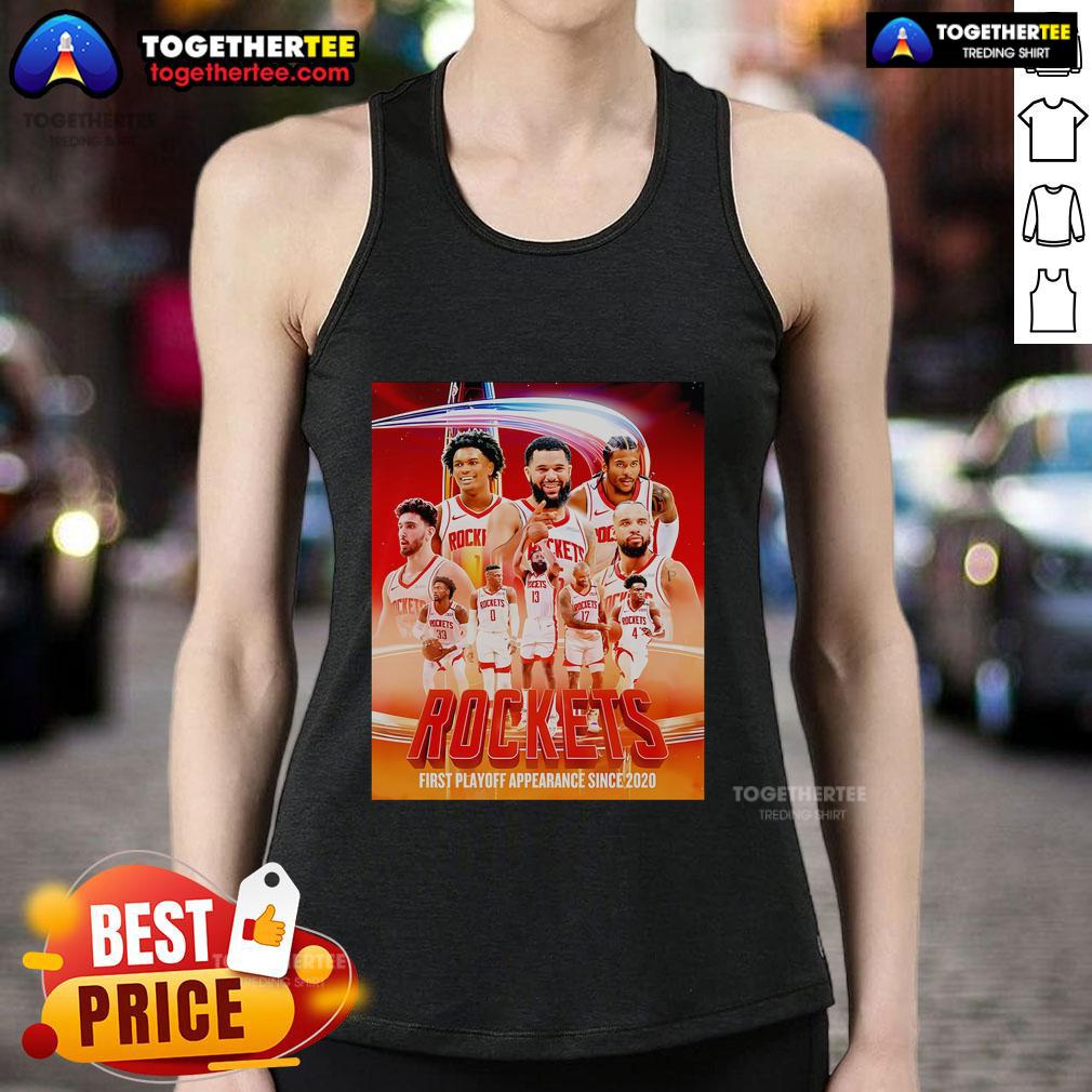 Top Houston Rockets first playoff appearance since 2020 poster tank top featuring team colors and logo design.