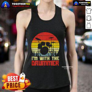 Retro sunset tank top featuring a drummer drumming, perfect for music lovers and summer vibes.