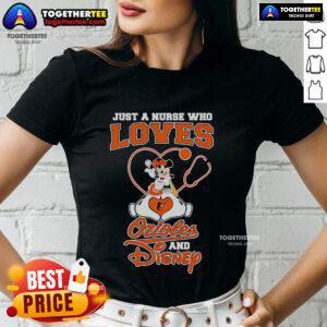 Top Mickey Mouse Just A Nurse Who Loves Orioles and Disney Ladies Tee featuring vibrant graphics and playful design.