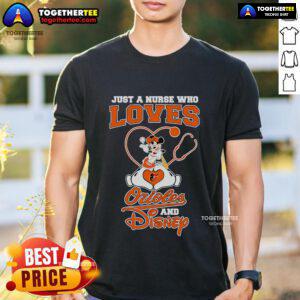Alt Text: Top Mickey Mouse Just A Nurse Who Loves Orioles And Disney T-Shirt featuring a playful design for Disney fans.