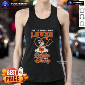 Top Mickey Mouse Just A Nurse Who Loves Orioles and Disney Tank Top featuring a playful design for Disney fans.