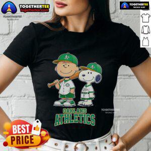 Charlie Brown and Snoopy baseball cartoon on a ladies tee for Oakland Athletics fans, blending sports and nostalgia.