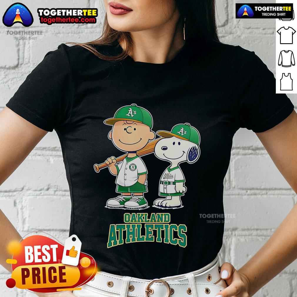 Charlie Brown and Snoopy baseball cartoon on a ladies tee for Oakland Athletics fans, blending sports and nostalgia.