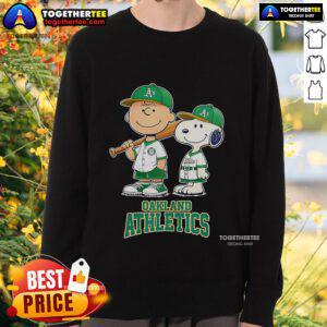 Alt Text: Charlie Brown and Snoopy baseball cartoon on a Top Oakland Athletics fan sweatshirt, perfect for sports enthusiasts.