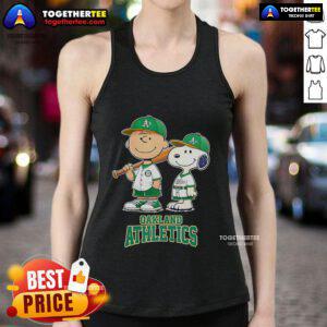 Charlie Brown and Snoopy baseball cartoon on a tank top for Oakland Athletics fans, perfect for summer games.