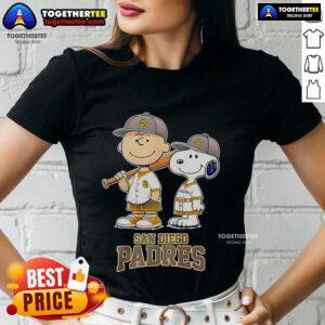 Top San Diego Padres Charlie Brown and Snoopy baseball cartoon fan ladies tee featuring vibrant graphics and a fun design.