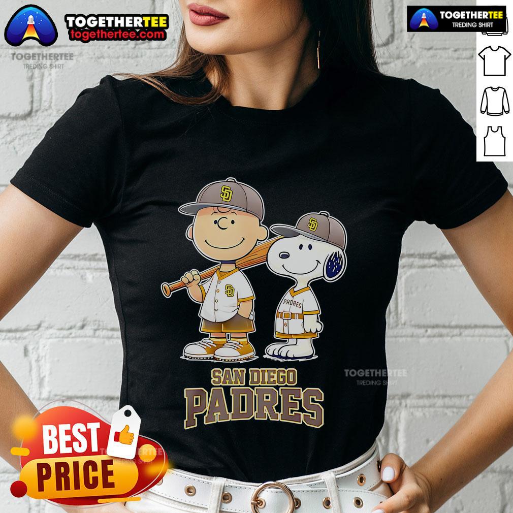 Top San Diego Padres Charlie Brown and Snoopy baseball cartoon fan ladies tee featuring vibrant graphics and a fun design.