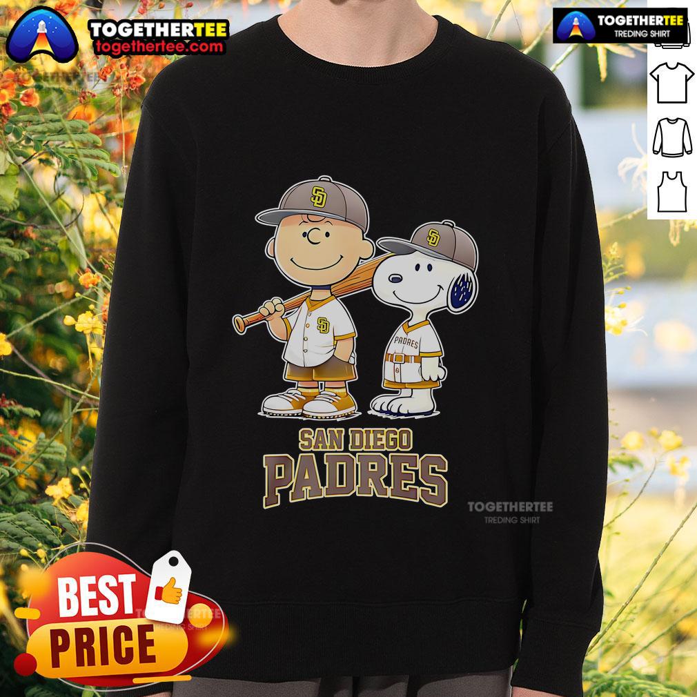 Top San Diego Padres Charlie Brown and Snoopy baseball cartoon fan sweatshirt featuring vibrant graphics and cozy design.