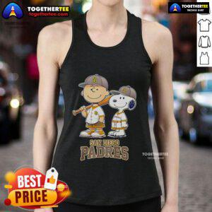 Charlie Brown and Snoopy baseball cartoon on a fan tank top for San Diego Padres enthusiasts.