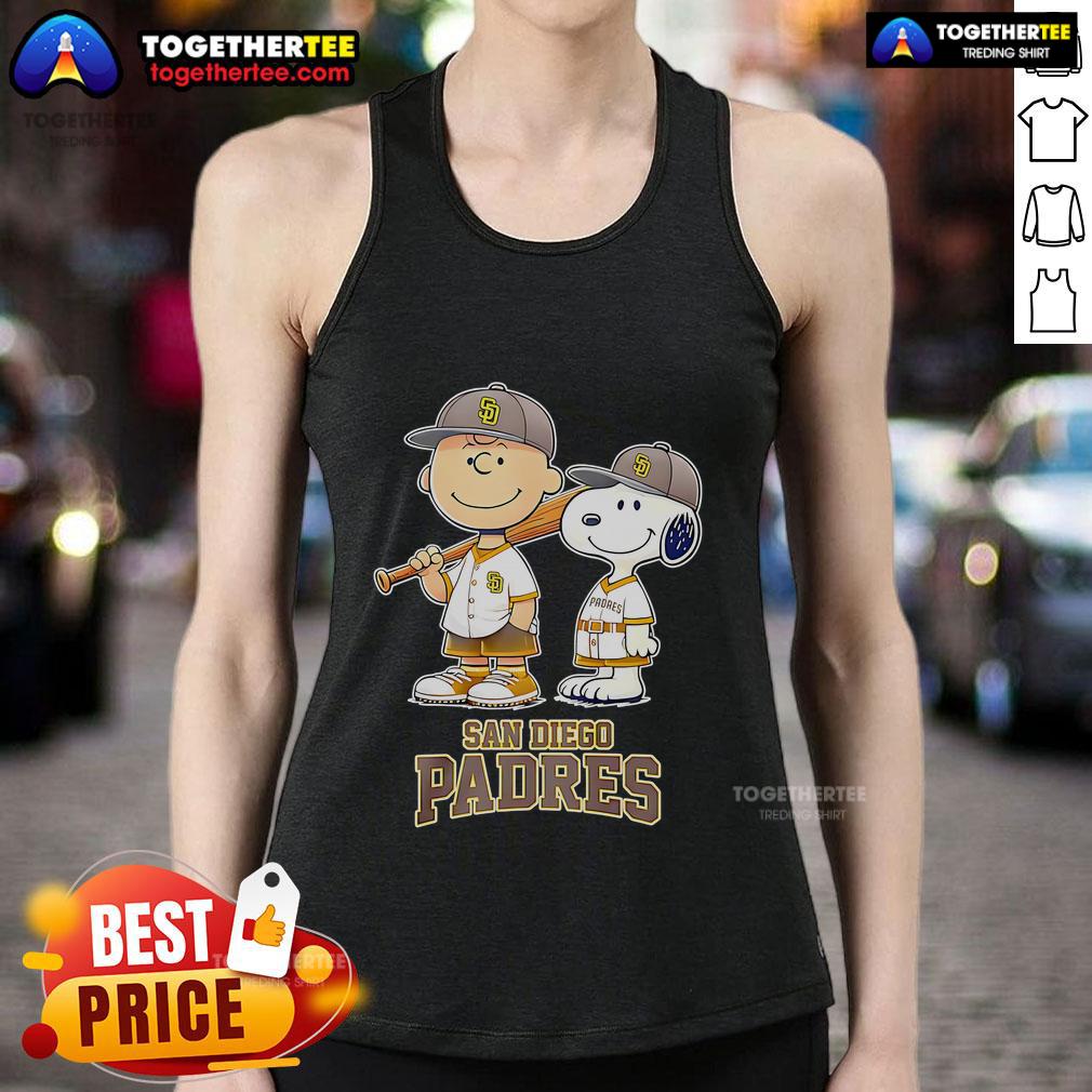 Charlie Brown and Snoopy baseball cartoon on a fan tank top for San Diego Padres enthusiasts.